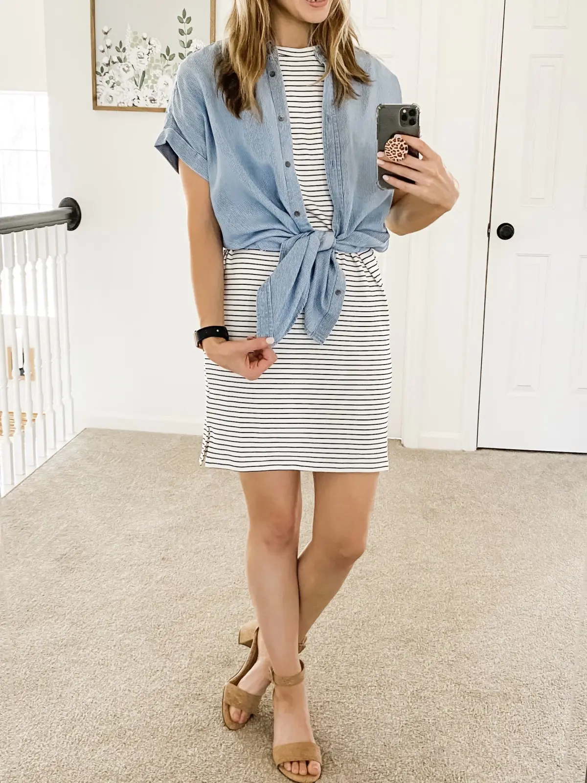 Striped dress HERE.Short-sleeve chambray top (wearing a small) HERE.Cork block heels (TTS) HERE. — 8 Easy Striped Dress Outfit Ideas