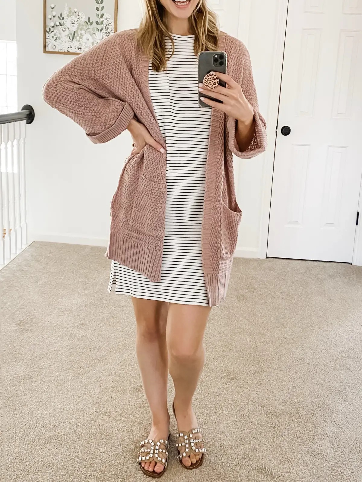 Striped dress HERE.Oversized cardigan (wearing S/M) HERE.Sandals HERE. — 8 Easy Striped Dress Outfit Ideas