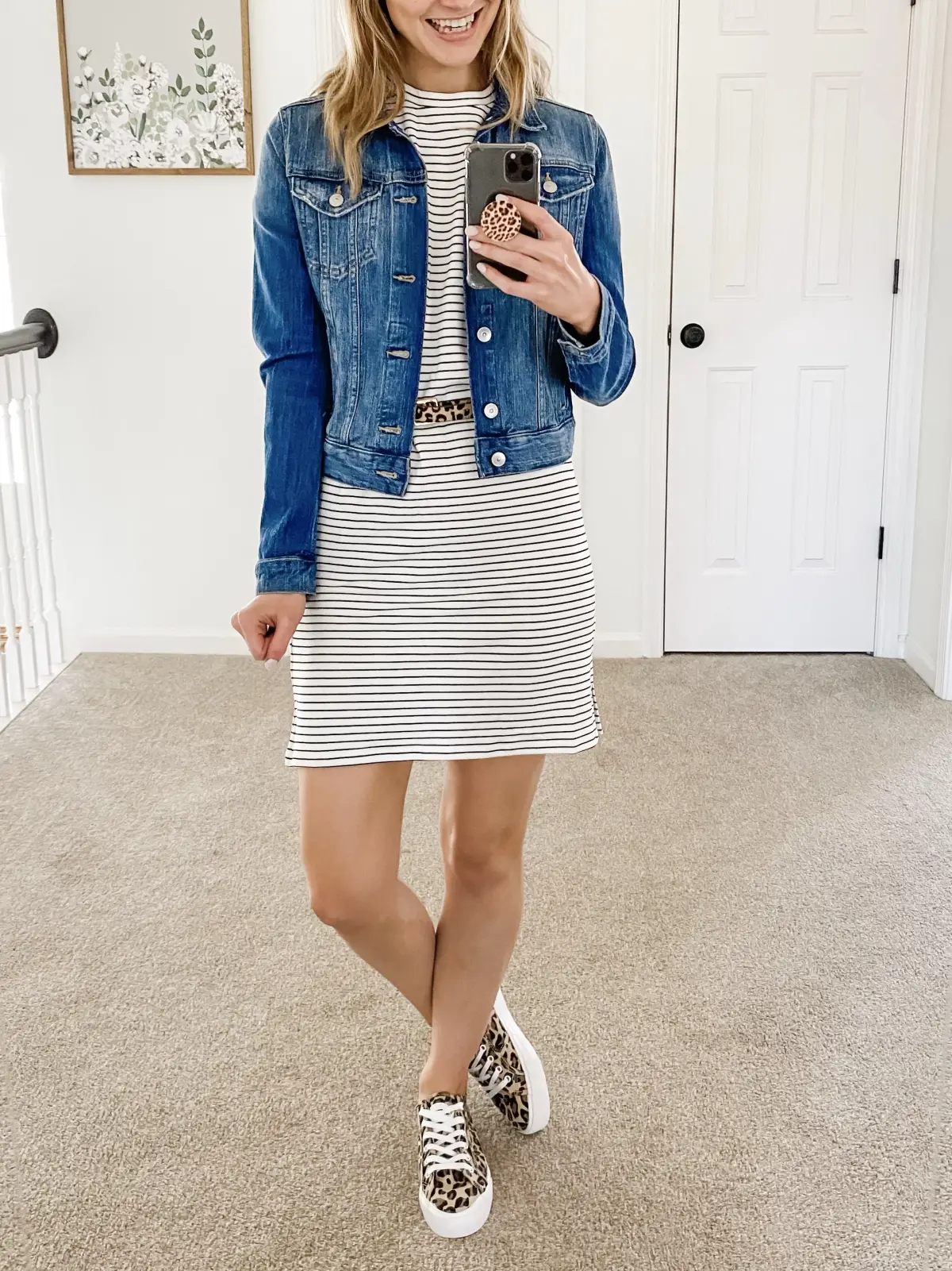 Striped dress HERE.Similar denim jacket HERE.Leopard belt HERE.Leopard shoes (TTS) HERE. — 8 Easy Striped Dress Outfit Ideas