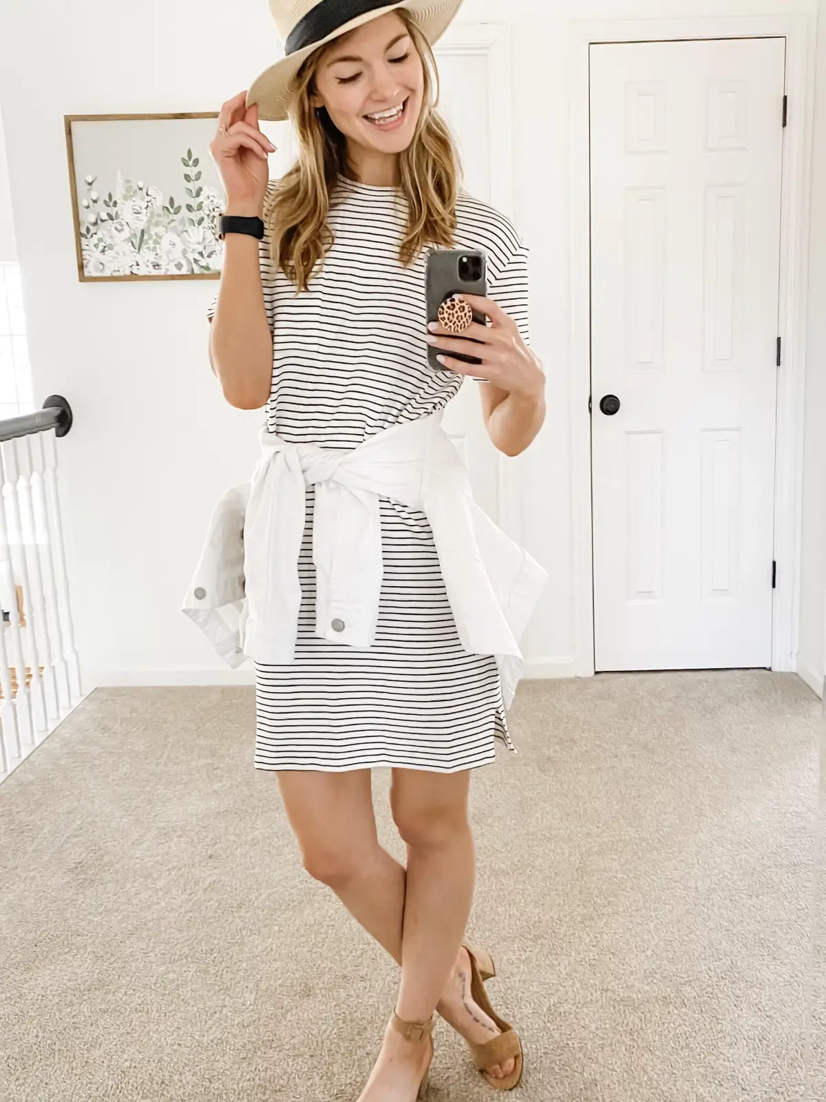 Striped dress HERE.White denim jacket (wearing a small) HERE.Cork block heels (TTS) HERE.Straw hat HERE. — 8 Easy Striped Dress Outfit Ideas