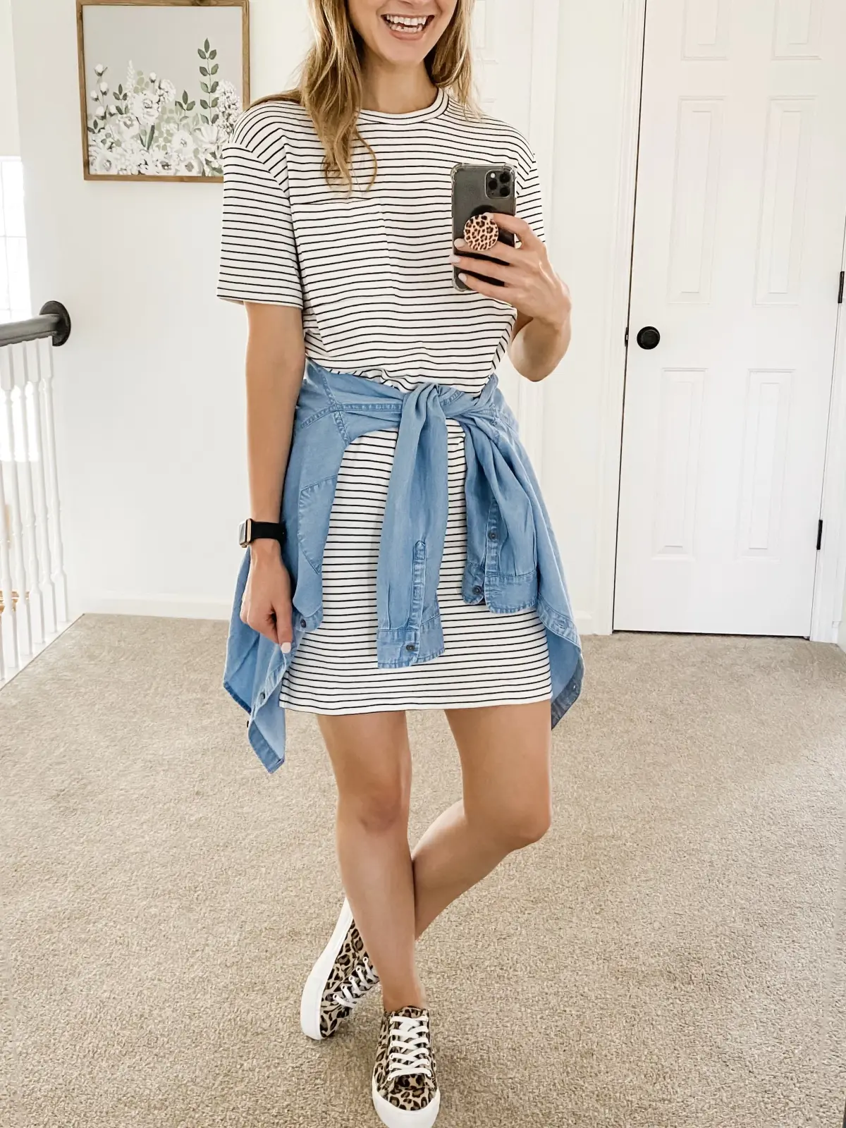 Striped dress HERE.Chambray shirt HERE.Leopard shoes HERE. — 8 Easy Striped Dress Outfit Ideas