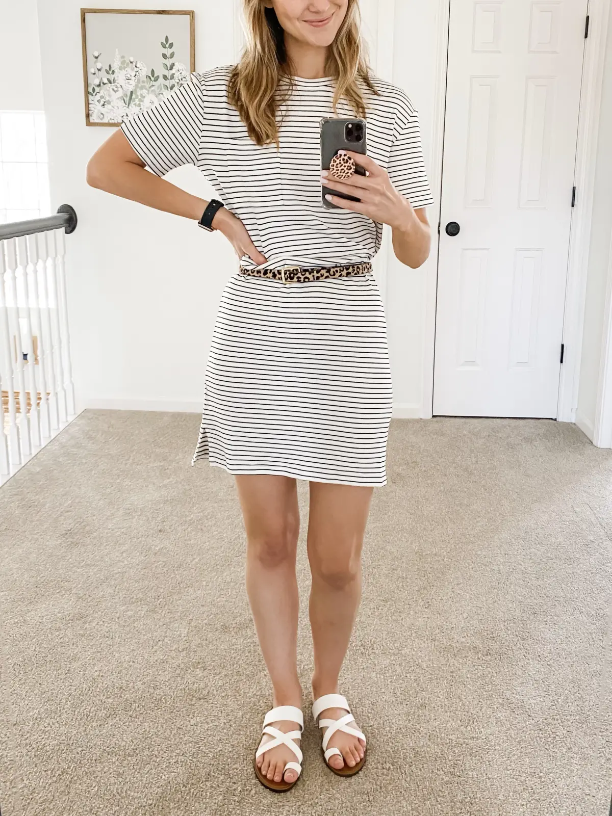 Striped dress HERE.Leopard belt HERE.Sandals HERE. — 8 Easy Striped Dress Outfit Ideas