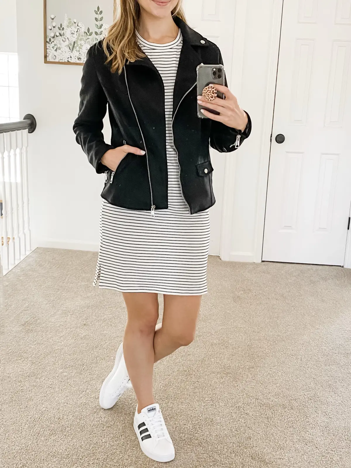 Striped dress HERE.Black suede jacket (wearing a small) HERE.Adidas original superstar sneakers (size down 1/2) HERE. — 8 Easy Striped Dress Outfit Ideas